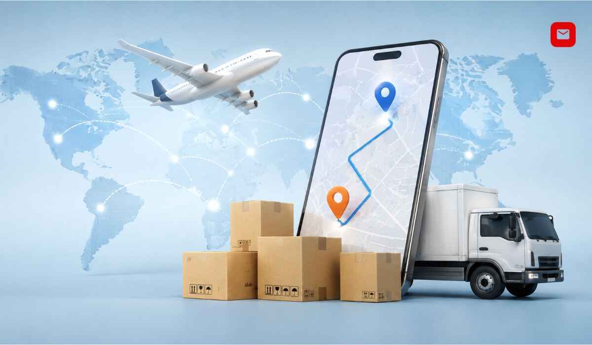 All Courier Tracking dashboard with shipment boxes, delivery truck, airplane, and global logistics tracking system.