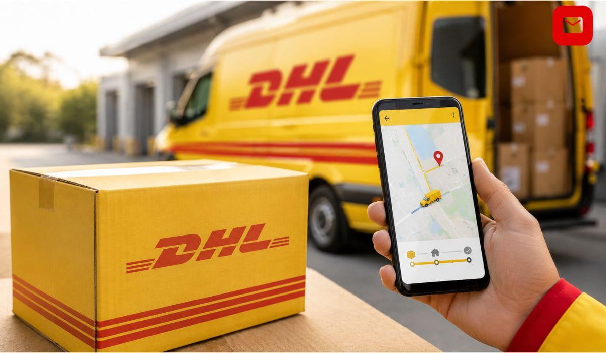 DHL Tracking interface showing real-time package delivery updates with DHL courier van and shipping box in the background.