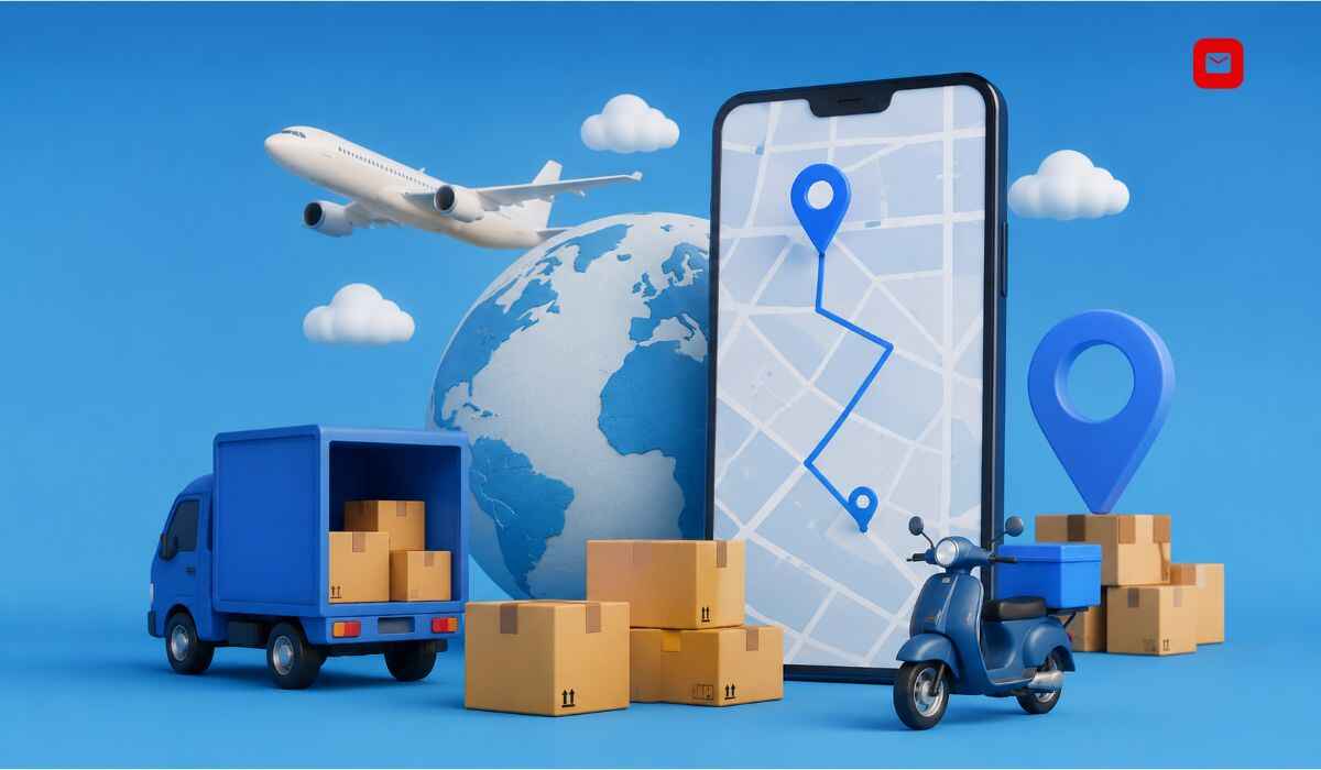 Ecom Tracking dashboard with delivery vehicles, packages, and real-time shipment tracking system.