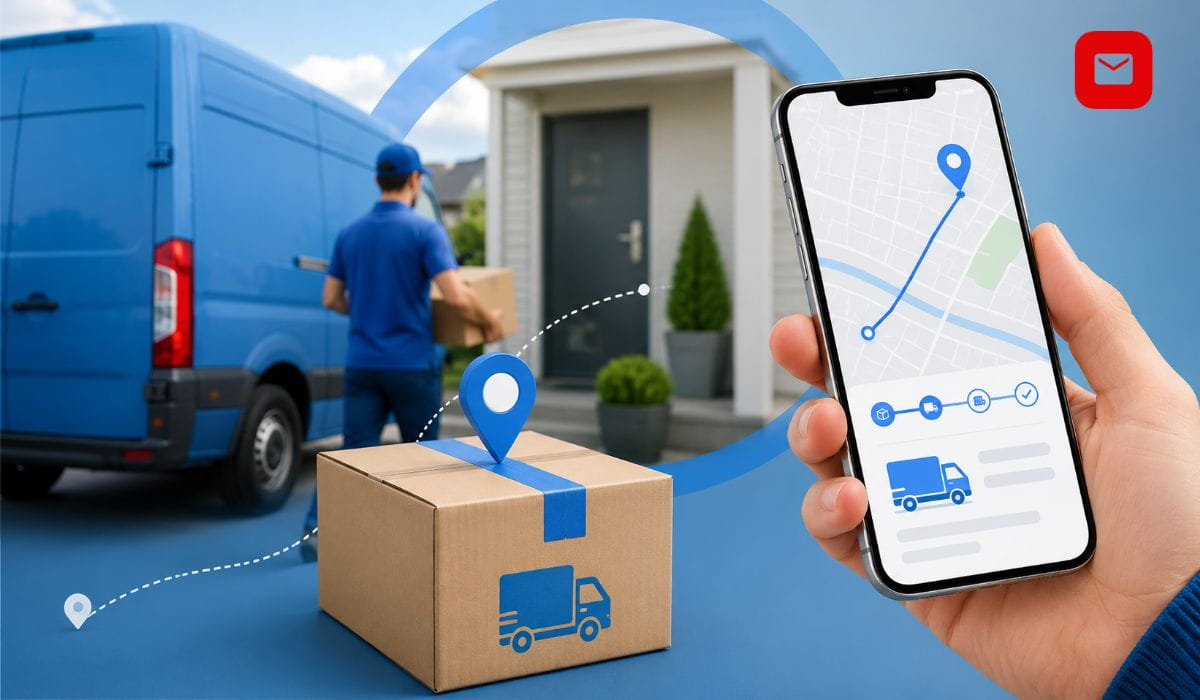 Evri Tracking concept showing a parcel delivery van, courier, package box, and smartphone with real-time shipment tracking map.