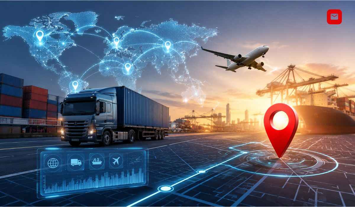 Gati Tracking dashboard with global shipment routes, cargo truck, airplane, and real-time logistics network.