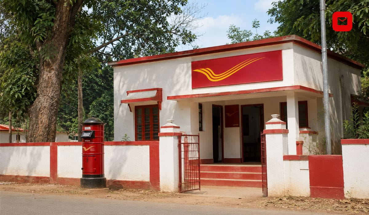 Indian Post Office building with a traditional red post box and postal service center surrounded by trees and a clean outdoor environment.
