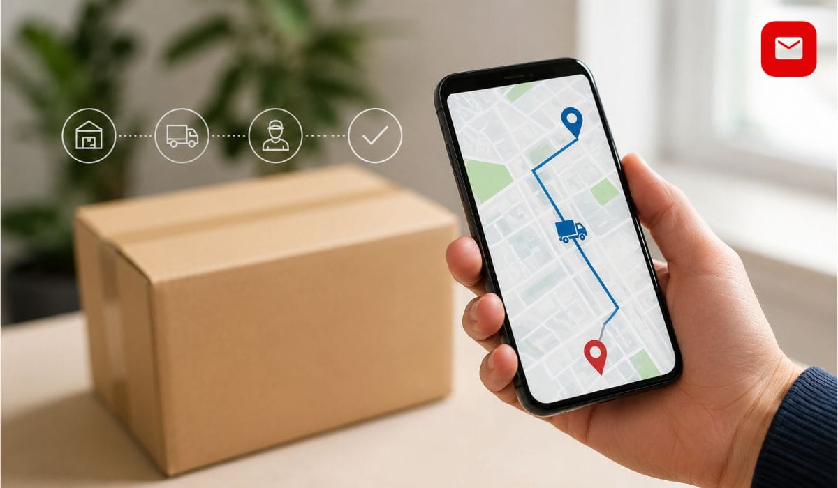Intelcom Tracking displayed on a smartphone showing real-time package delivery status and shipment route updates.
