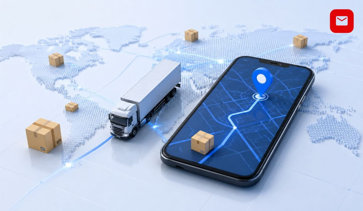 JCEX Tracking interface showing global parcel delivery route with smartphone map, shipping truck, and package tracking system.