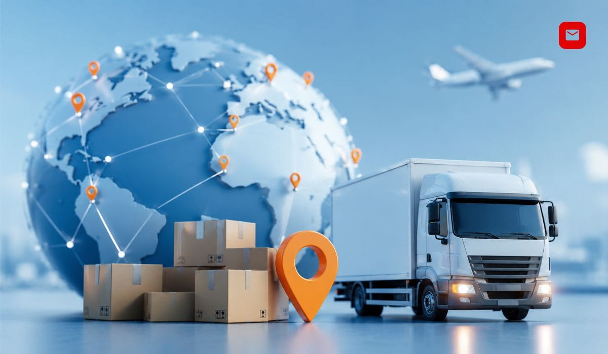 JY Express Tracking concept showing a global package tracking system with delivery truck, shipment boxes, mobile tracking interface, and worldwide logistics network for real-time parcel tracking.