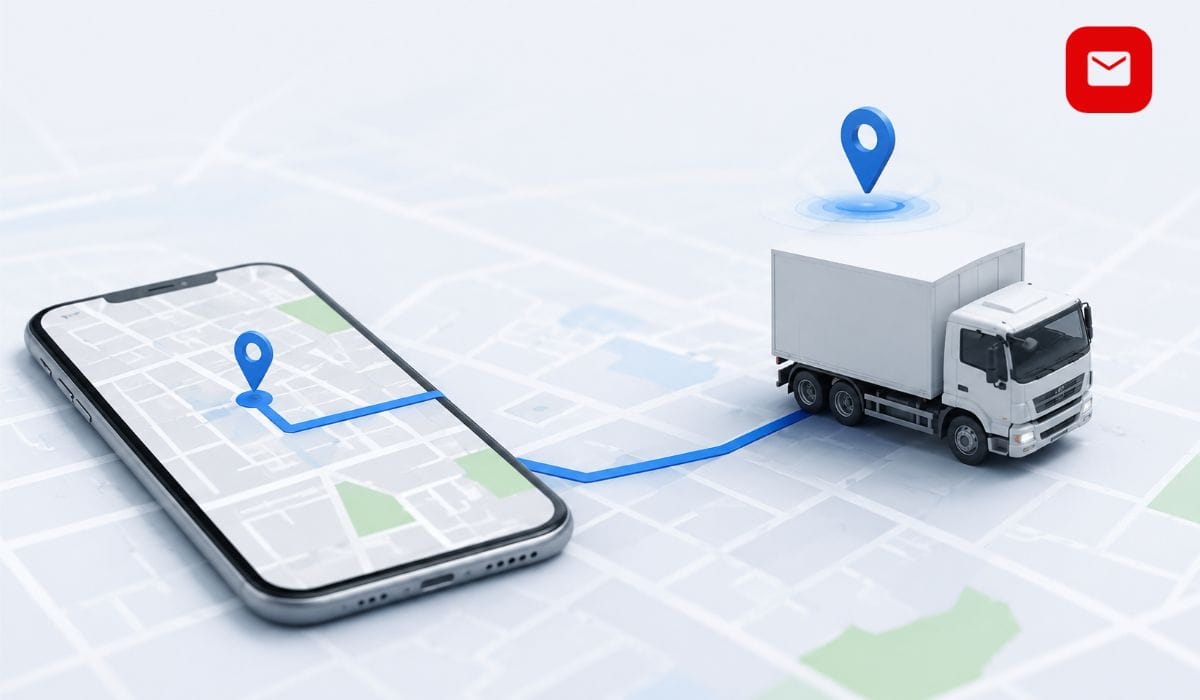GOFO Tracking illustration with delivery truck and mobile tracking map.