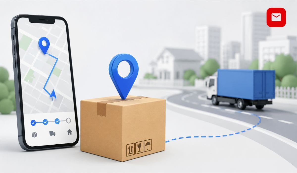Package Tracker dashboard showing real-time parcel tracking with delivery route map, shipping box, location pin, and delivery truck in a modern logistics scene.