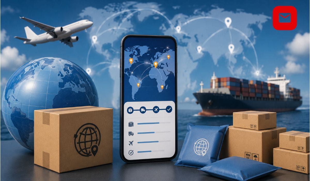 ParcelsApp parcel tracking illustration showing global shipping, smartphone tracking interface, cargo ship, airplane, and delivery packages.