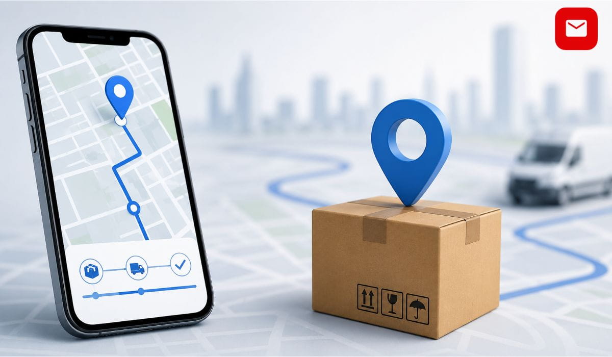 PostEx Tracking dashboard showing a package delivery route on a mobile phone with parcel location tracking and shipment progress interface.
