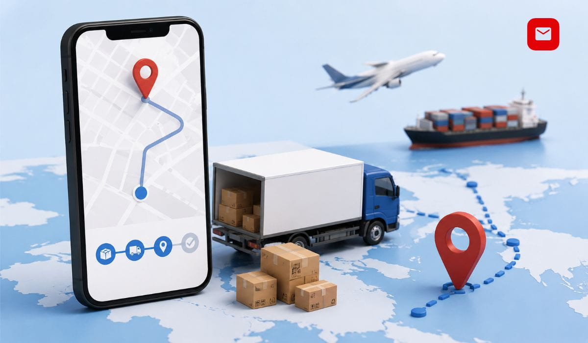 Shipping Tracking dashboard showing package delivery routes, transport vehicles, and real-time shipment monitoring across global locations.