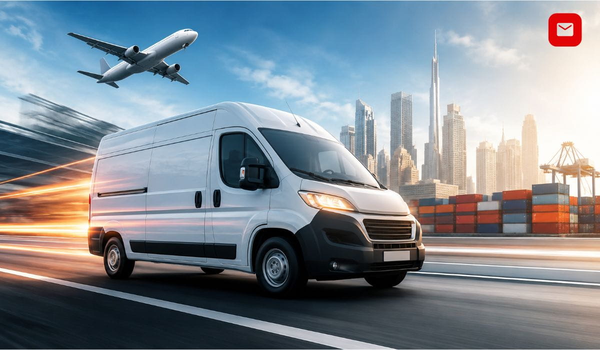 SpeedPAK international shipping delivery van and cargo transport system moving quickly through a modern logistics city environment