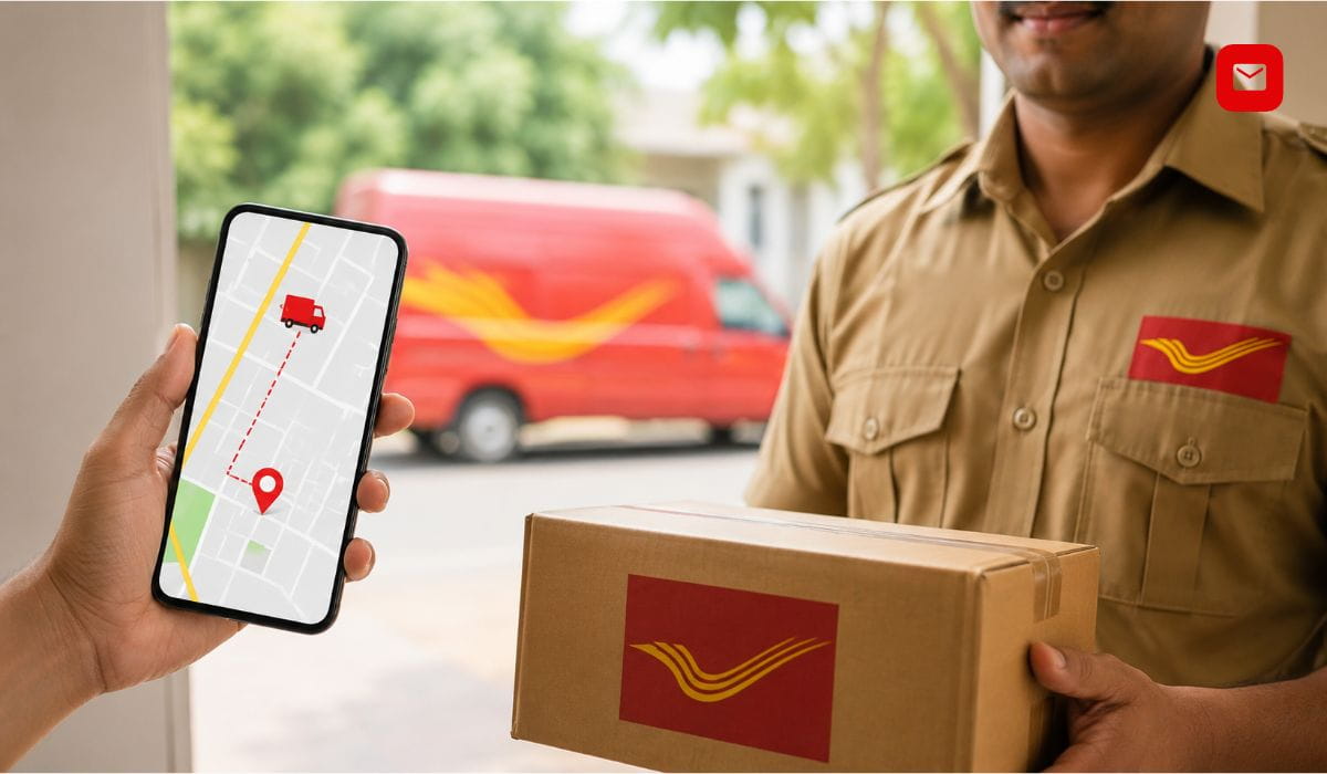 Track Courier India Post dashboard with parcel delivery journey, package tracking interface, shipping route map, and courier logistics concept for real-time shipment monitoring.