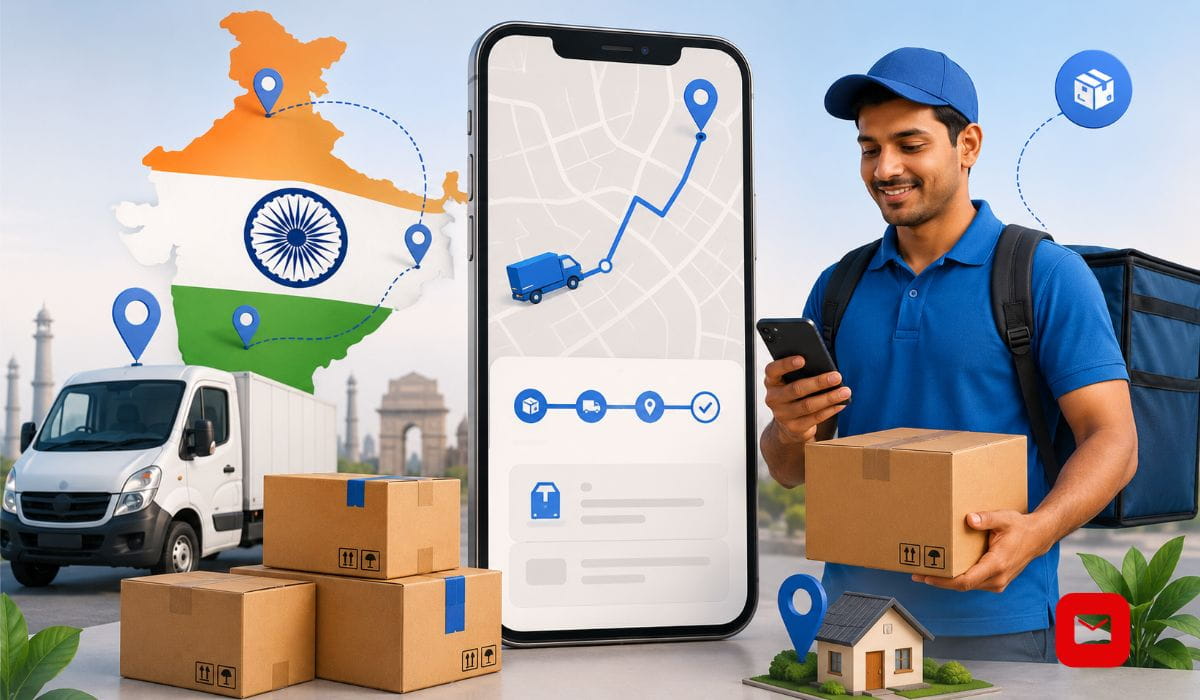Track My Package concept showing parcel delivery in India with courier, packages, delivery truck, and smartphone tracking interface.