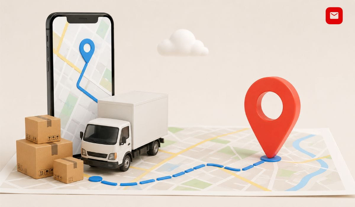 Track My Parcel delivery tracking interface with shipment boxes, mobile map navigation, and courier truck illustration
