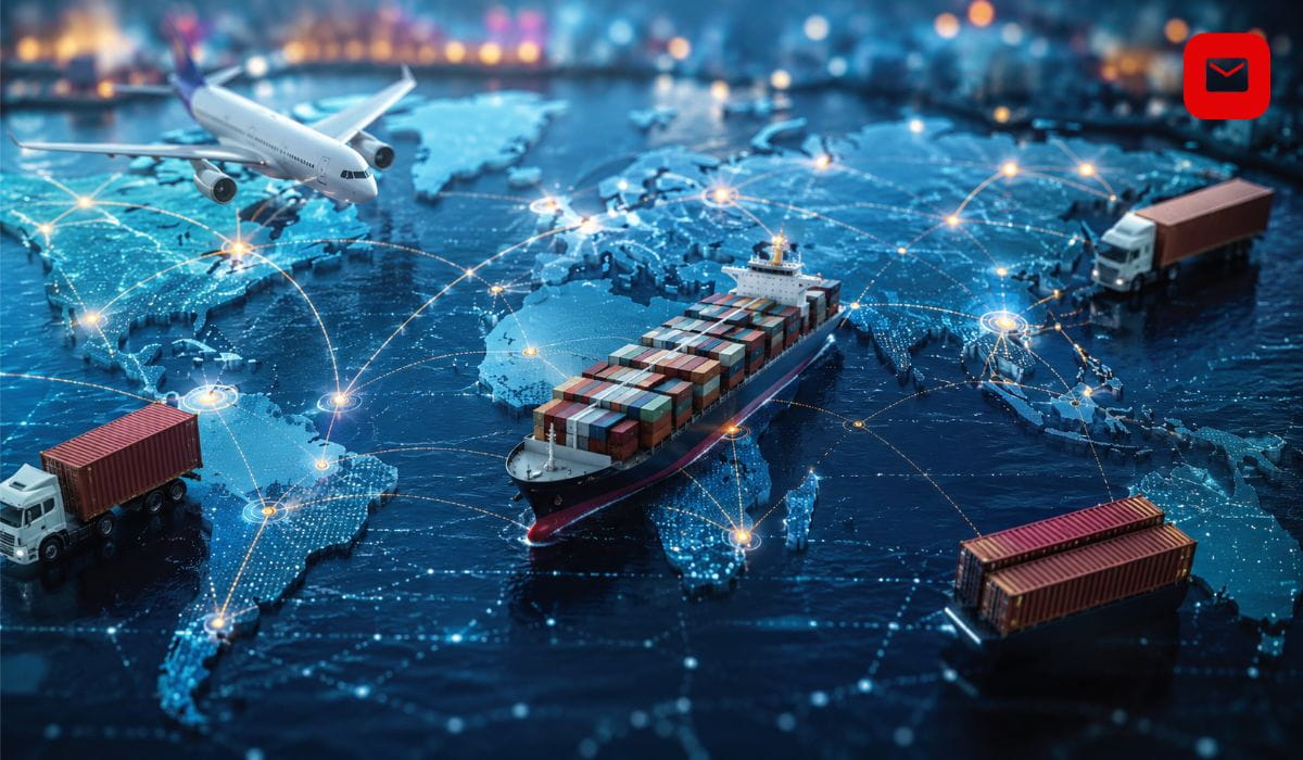 Tracking Internazionale dashboard showing a global shipping network with cargo ships, airplanes, delivery trucks, and connected routes for real-time international package tracking.