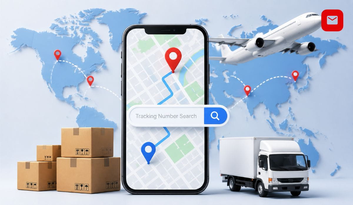 Tracking Number Search global parcel tracking illustration with search interface