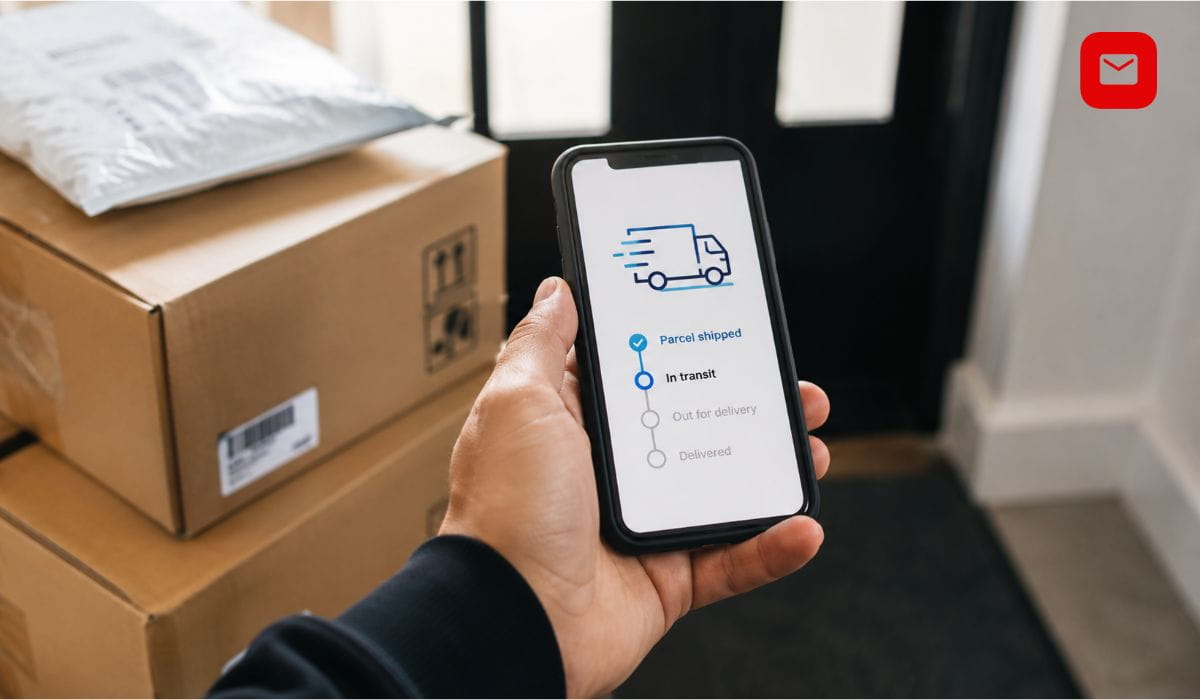 Tracking Spedizione package tracking interface displayed on smartphone with shipping boxes and parcel delivery background