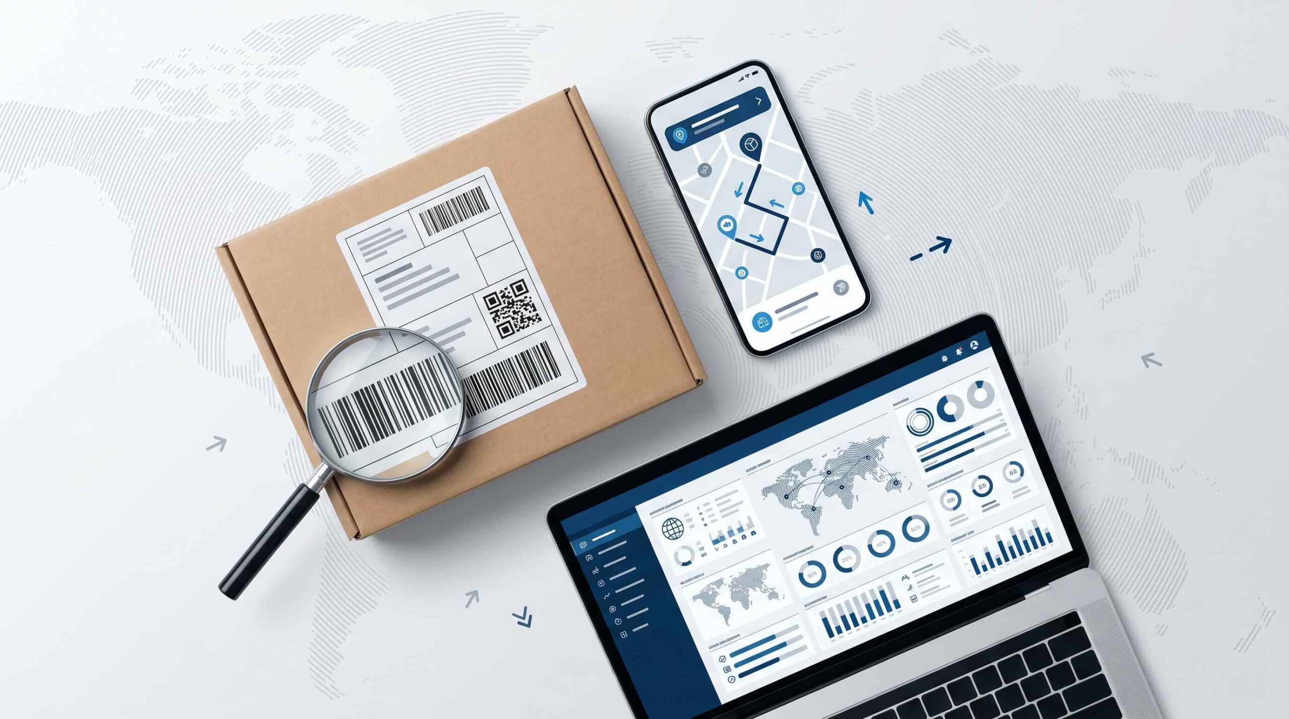 Tracking number on package label with smartphone showing delivery tracking map