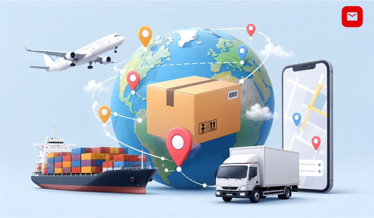 Universal Package Tracker displaying global shipment tracking with delivery truck, cargo ship, airplane, packages, and worldwide location mapping.