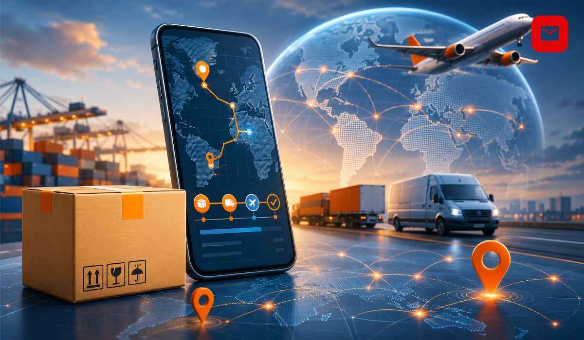 AliExpress tracking concept with a parcel box, smartphone tracking map, cargo van, shipping containers, airplane, and global delivery routes