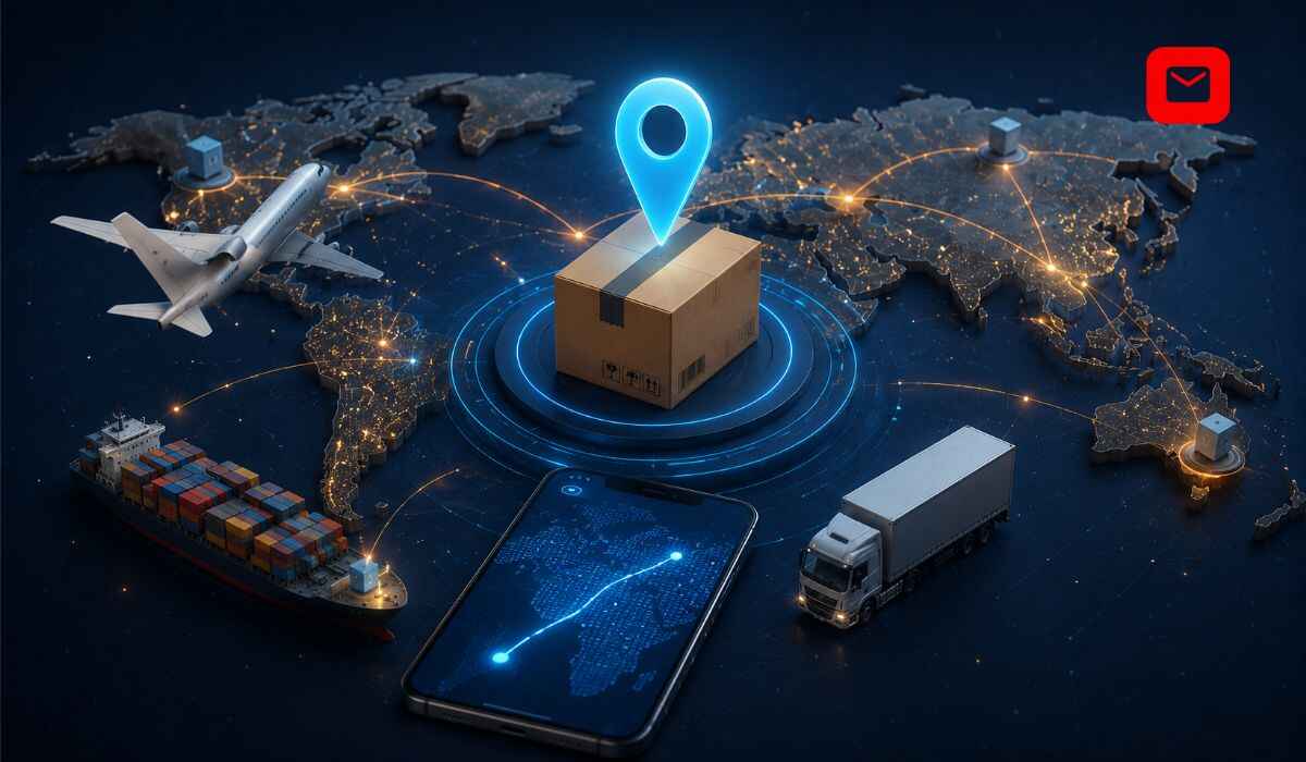 Global Tracking international parcel tracking and worldwide shipping network illustration