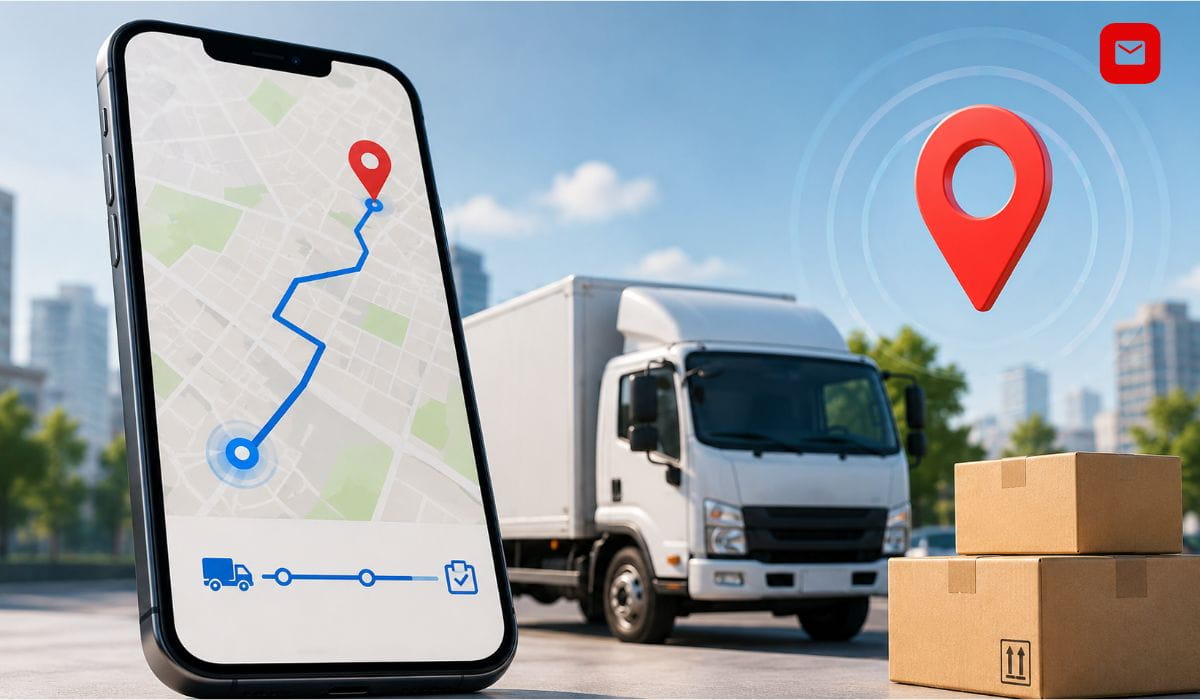iMile Tracking- How to Track Any iMile Delivery in Real Time with a smartphone showing live package tracking, route updates, delivery truck, and parcels.