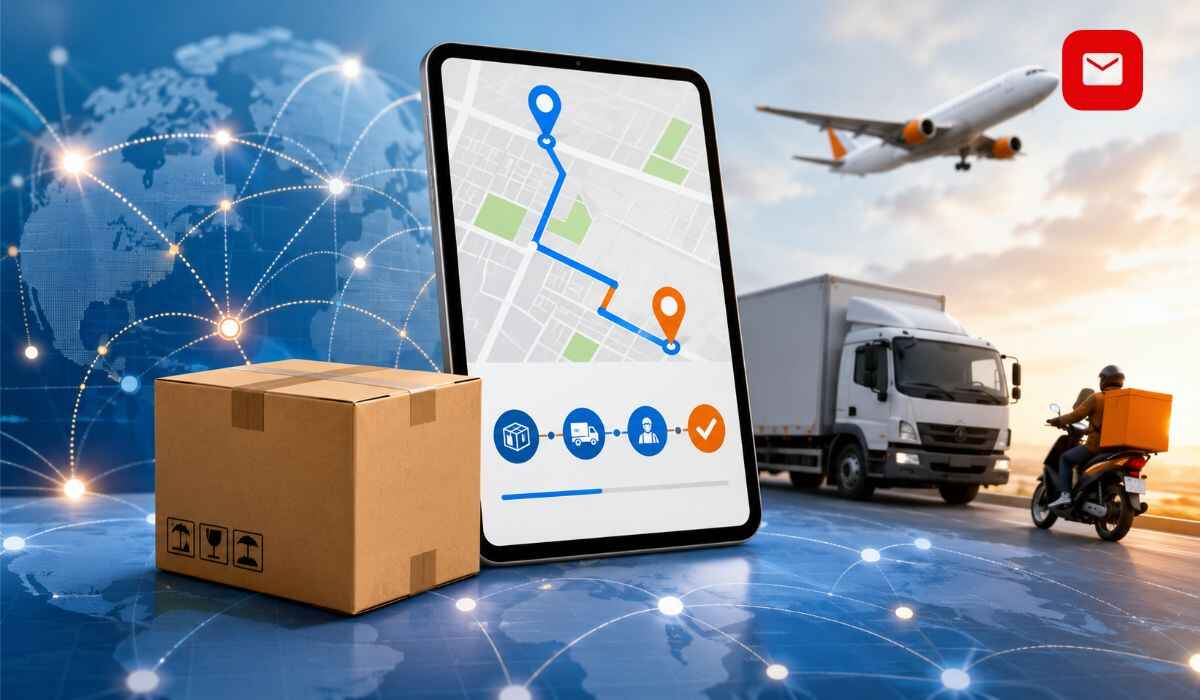 LBC Tracking concept showing a parcel box, digital tracking map, delivery truck, courier bike, and airplane for international shipment monitoring