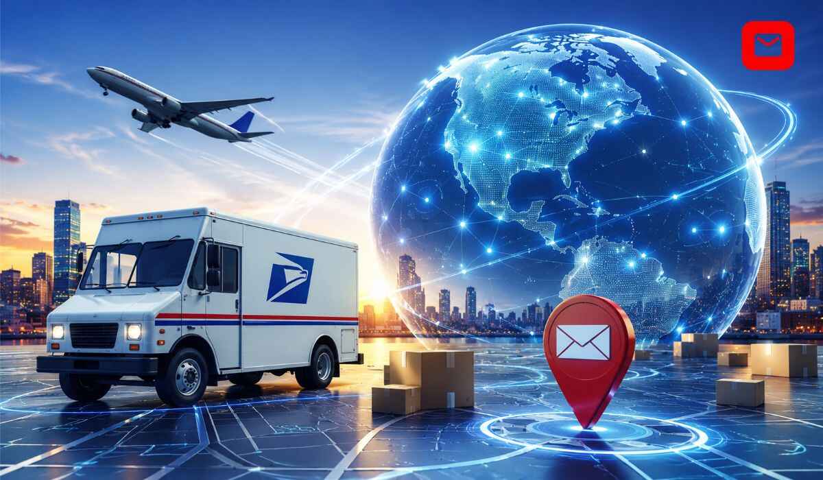 USPS Tracking inspired global shipping and package delivery illustration