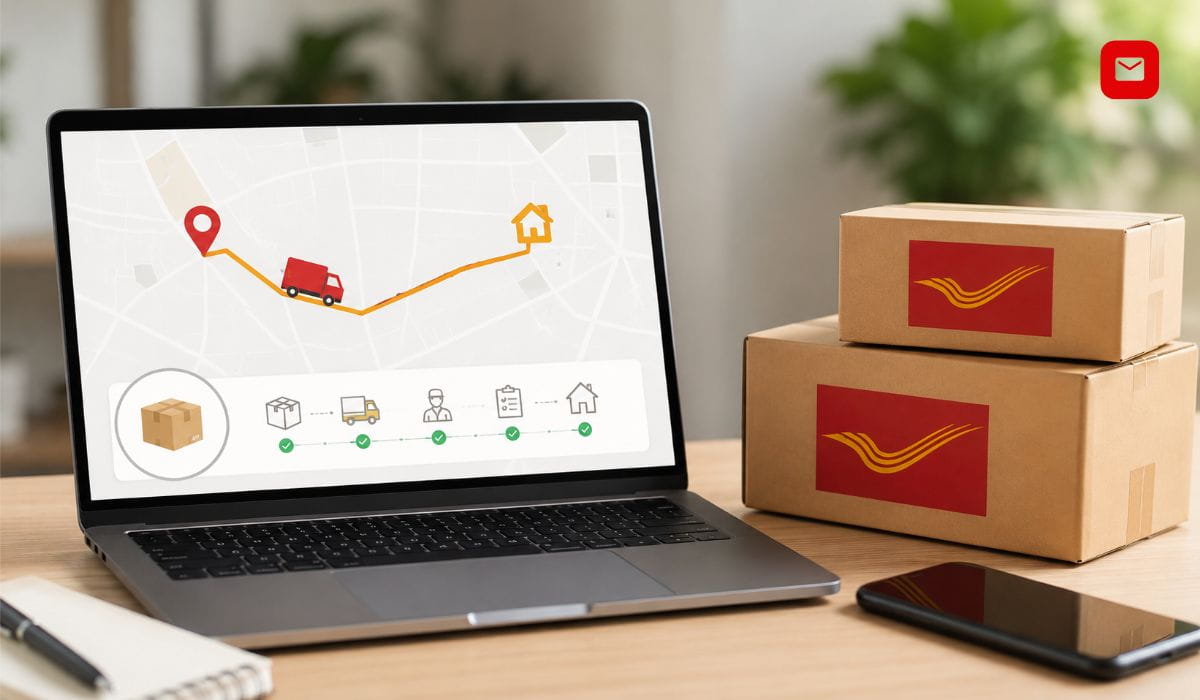 www indiapost gov in tracking interface showing parcel tracking dashboard, shipment route updates, package delivery progress, and real-time courier tracking system.