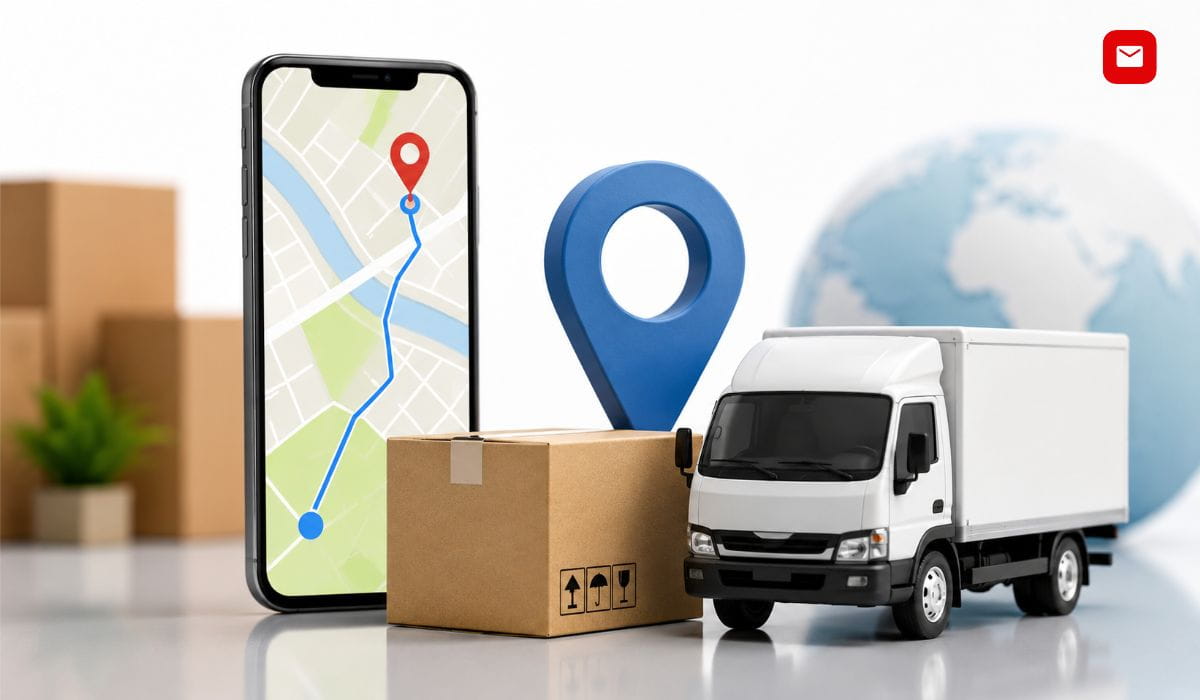 Nandan Courier Tracking shipment tracking dashboard with delivery truck, parcel package, smartphone map, and real-time courier route visualization.