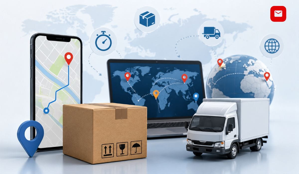 Postal Ninja universal package tracking platform displaying global shipment routes, parcel tracking dashboard, delivery truck, package box, and real-time international logistics monitoring.
