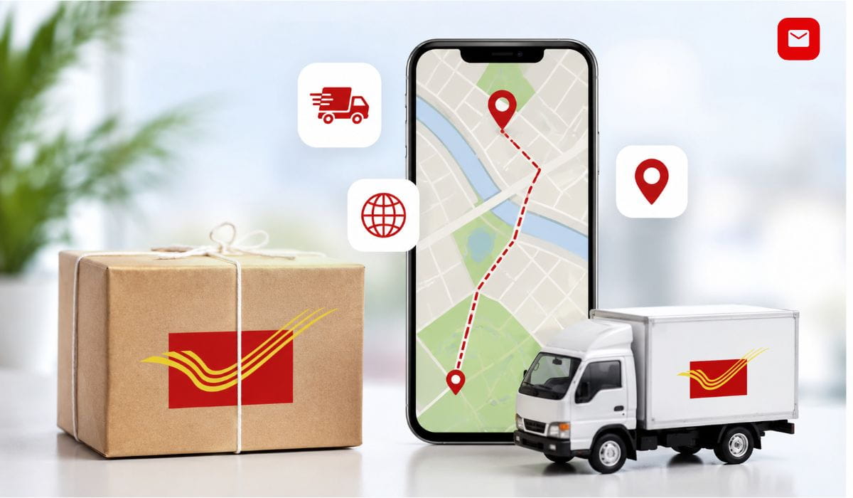 www.indiapost.gov.in Tracking Speed Post Tracking Number package tracking interface with delivery truck, parcel box, and mobile tracking map.