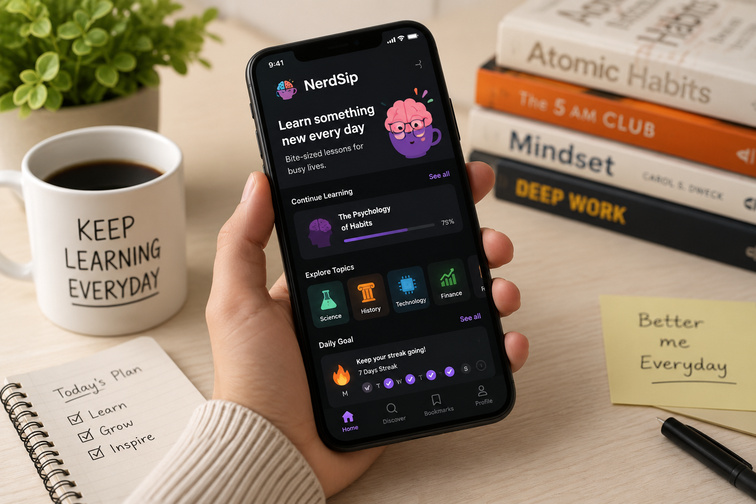 NerdSip review showing the app on a smartphone during a daily learning session