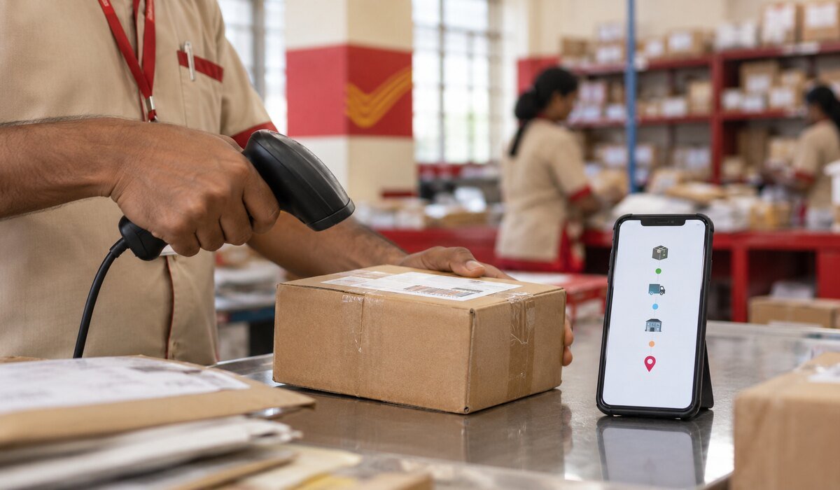 Postal worker scanning an India Post parcel for AfterShip tracking
