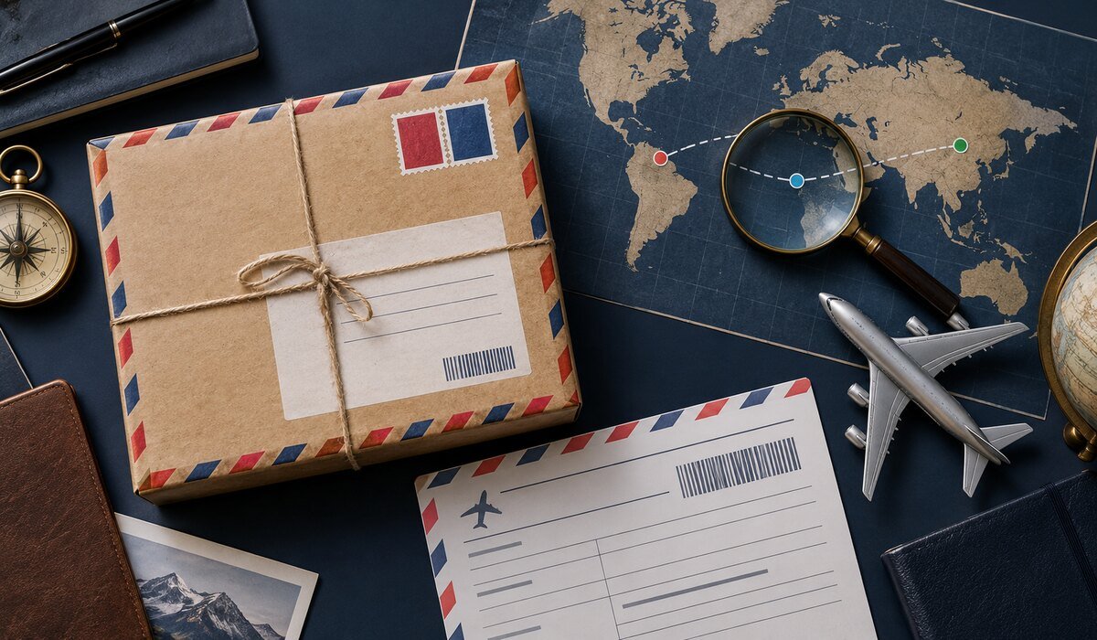 International parcel with air waybill, route map and aircraft