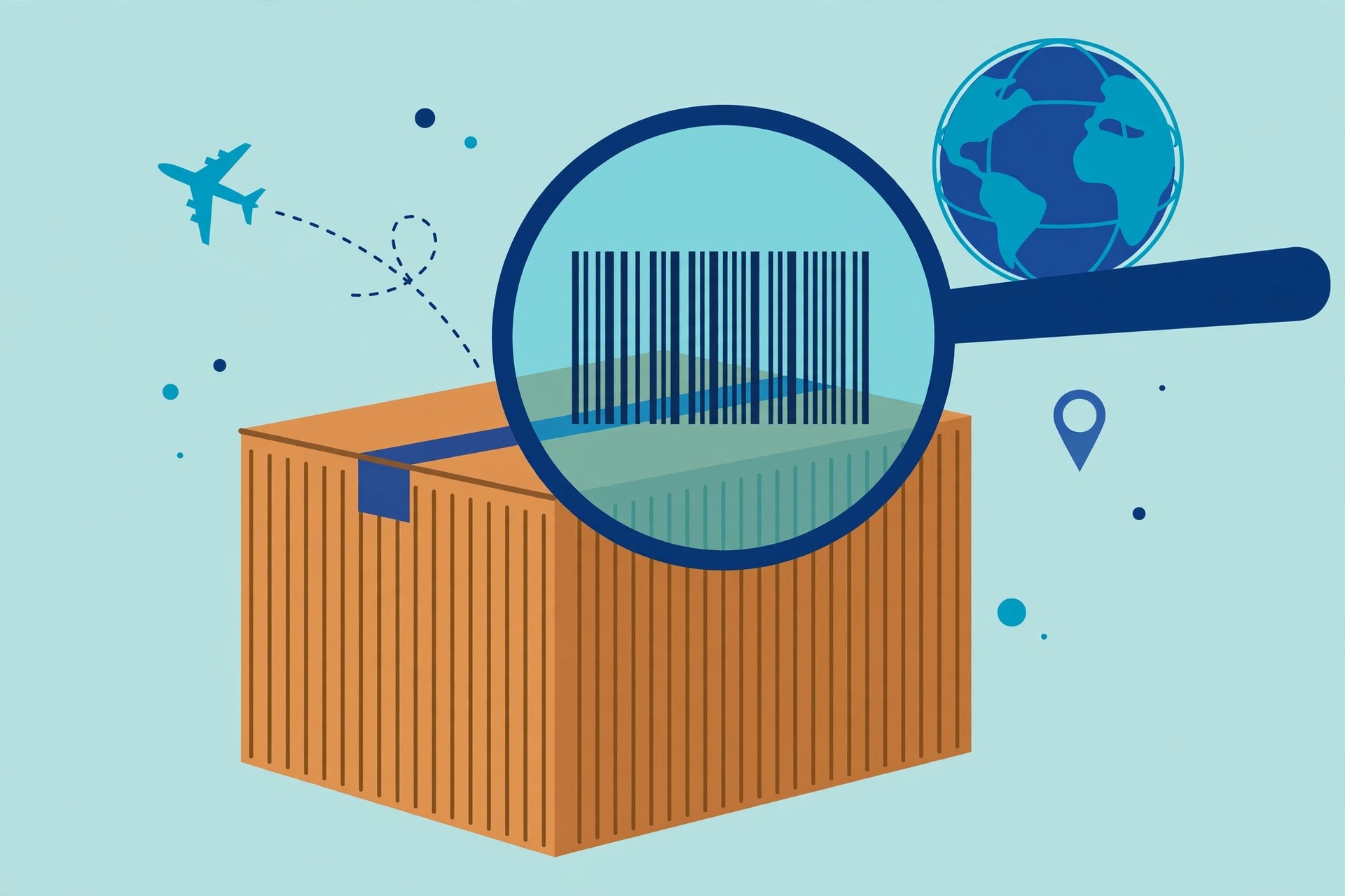 Illustration of Aramex tracking showing a parcel with a barcode waybill and a magnifier over a shipment status timeline
