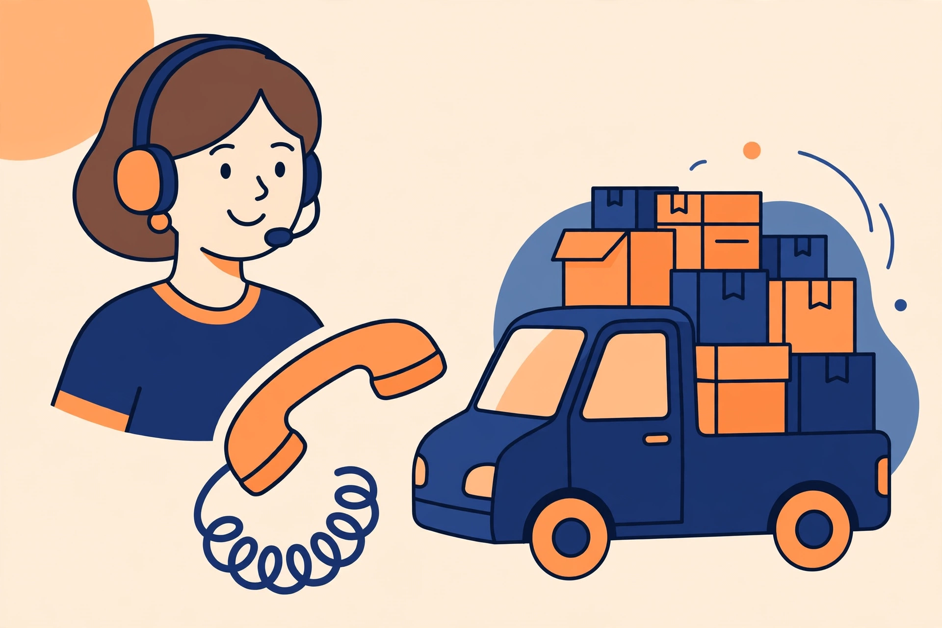 Illustration of the Tirupati courier customer care number helpline with a headset support agent, a telephone and stacked courier parcels