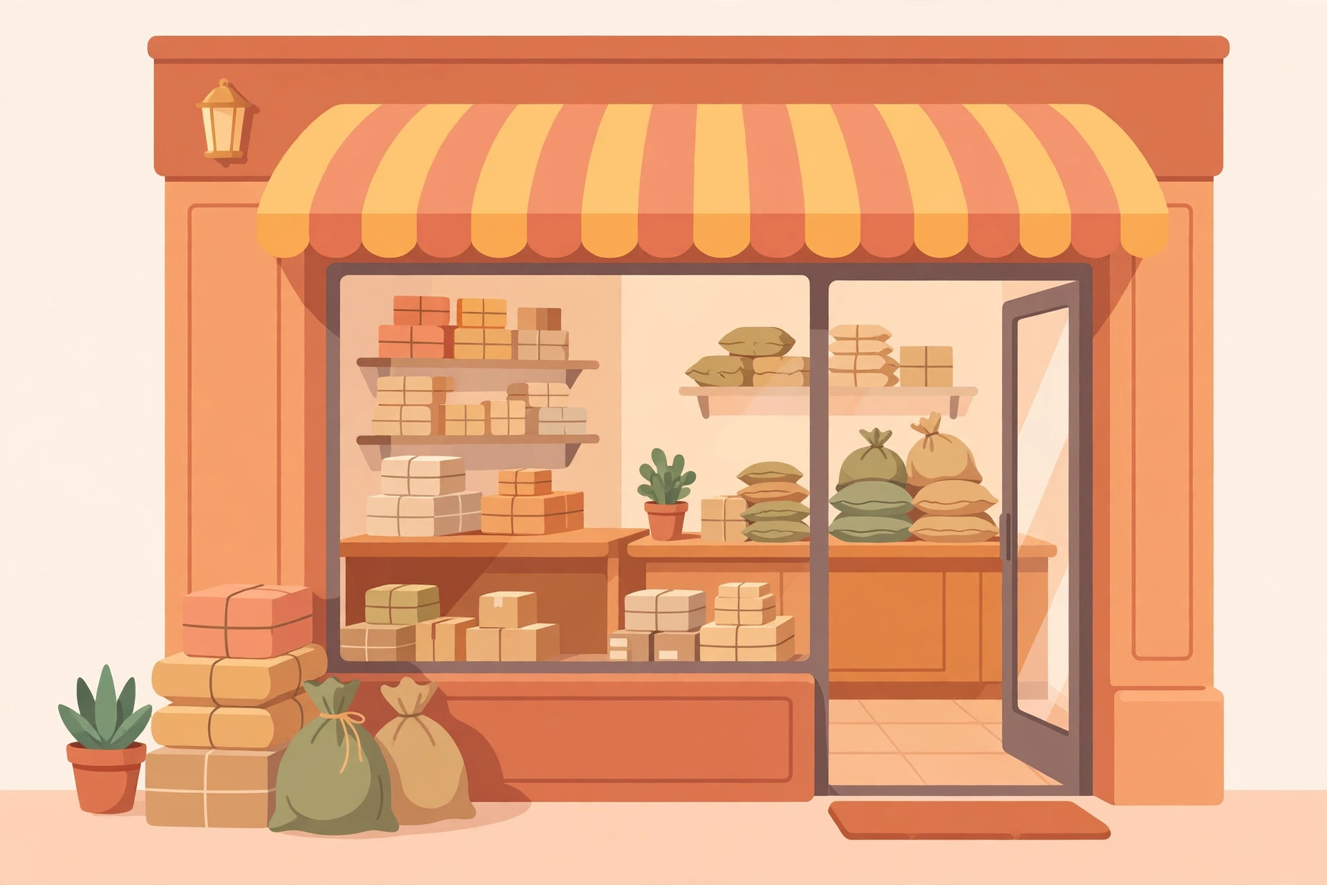 Flat illustration of a small India Post franchise outlet storefront with parcels stacked on the counter, showing the business opportunity.