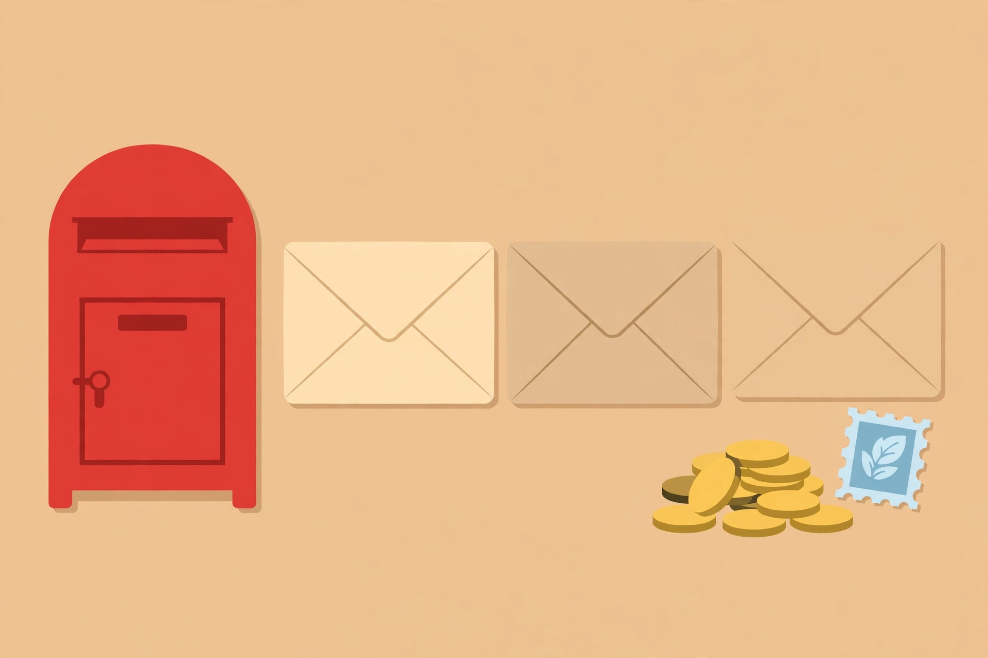 Flat illustration of envelopes, a letterbox and coins showing how low ordinary post charges are for domestic letters.