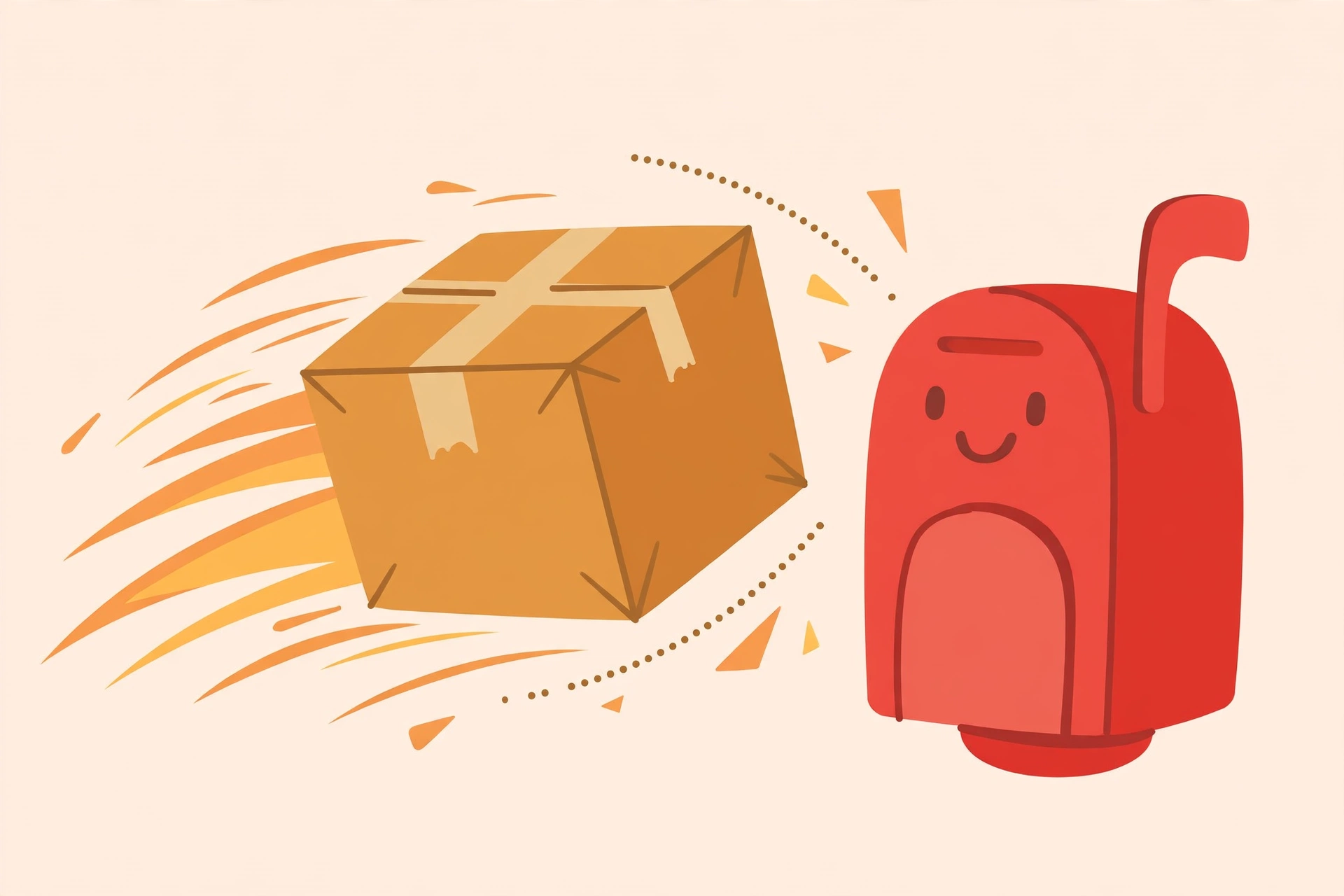 Flat illustration of a fast-moving parcel with speed lines beside a red mailbox, explaining what is speed post