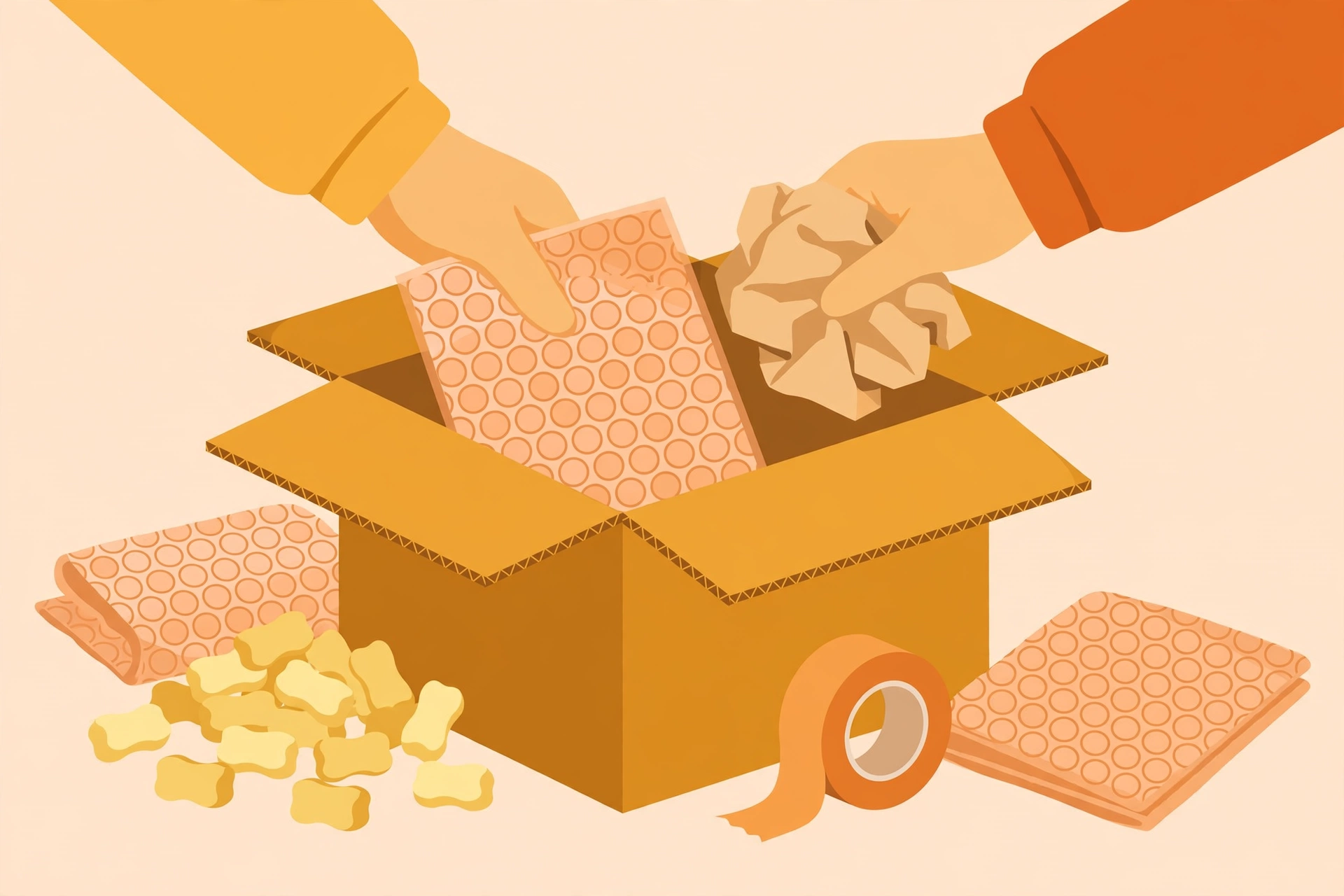 Step-by-step illustration of how to pack parcel for courier with box, bubble wrap, tape and label