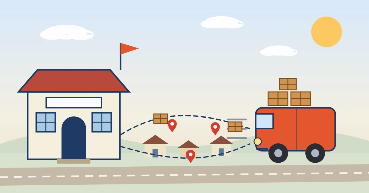 Illustration of the India Post Blue Dart partnership: a post office and a delivery van connected by a parcel delivery network reaching towns and villages across India