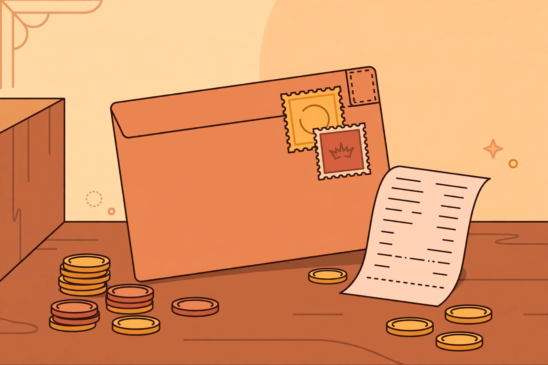 India Post Registered Post charges illustration — registered letter with fee receipt, weighing scale and acknowledgement card