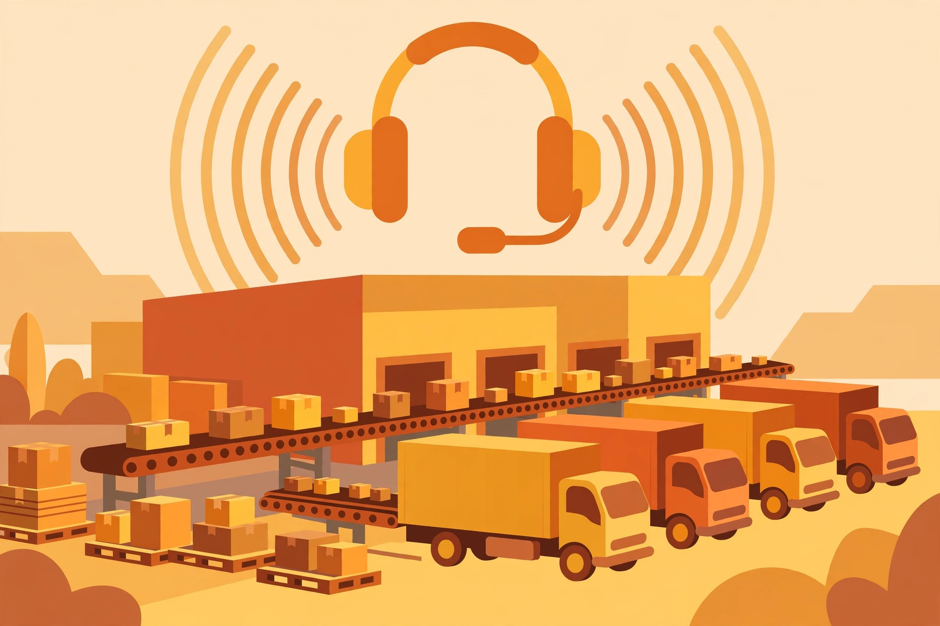 VRL Logistics customer care number helpline illustration — support agent with headset, parcel boxes and LR tracking receipt
