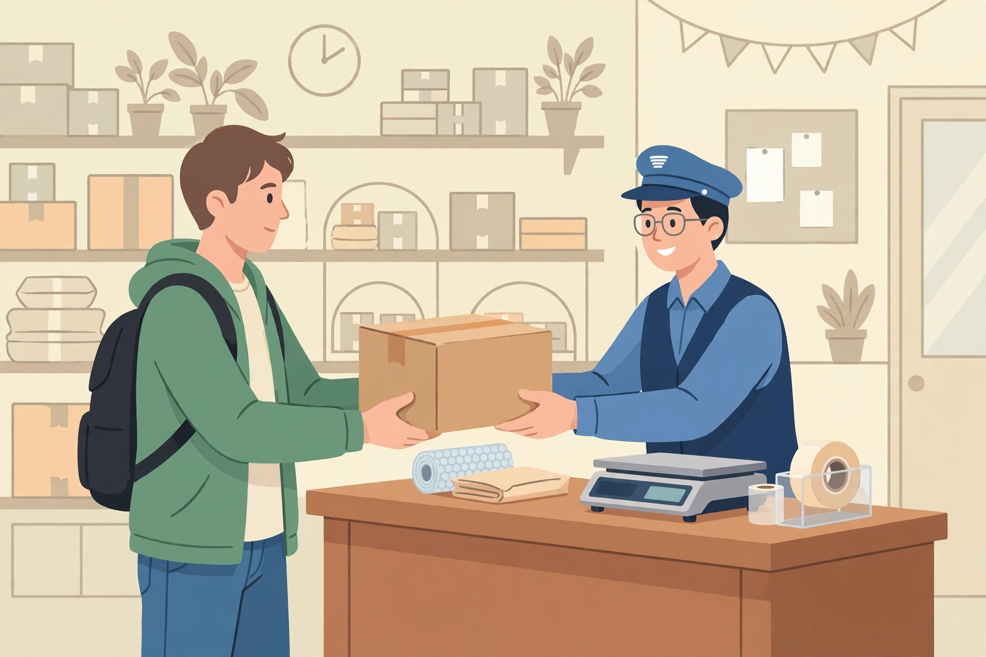 Clerk accepting a parcel at a post office counter illustrating how to do speed post booking