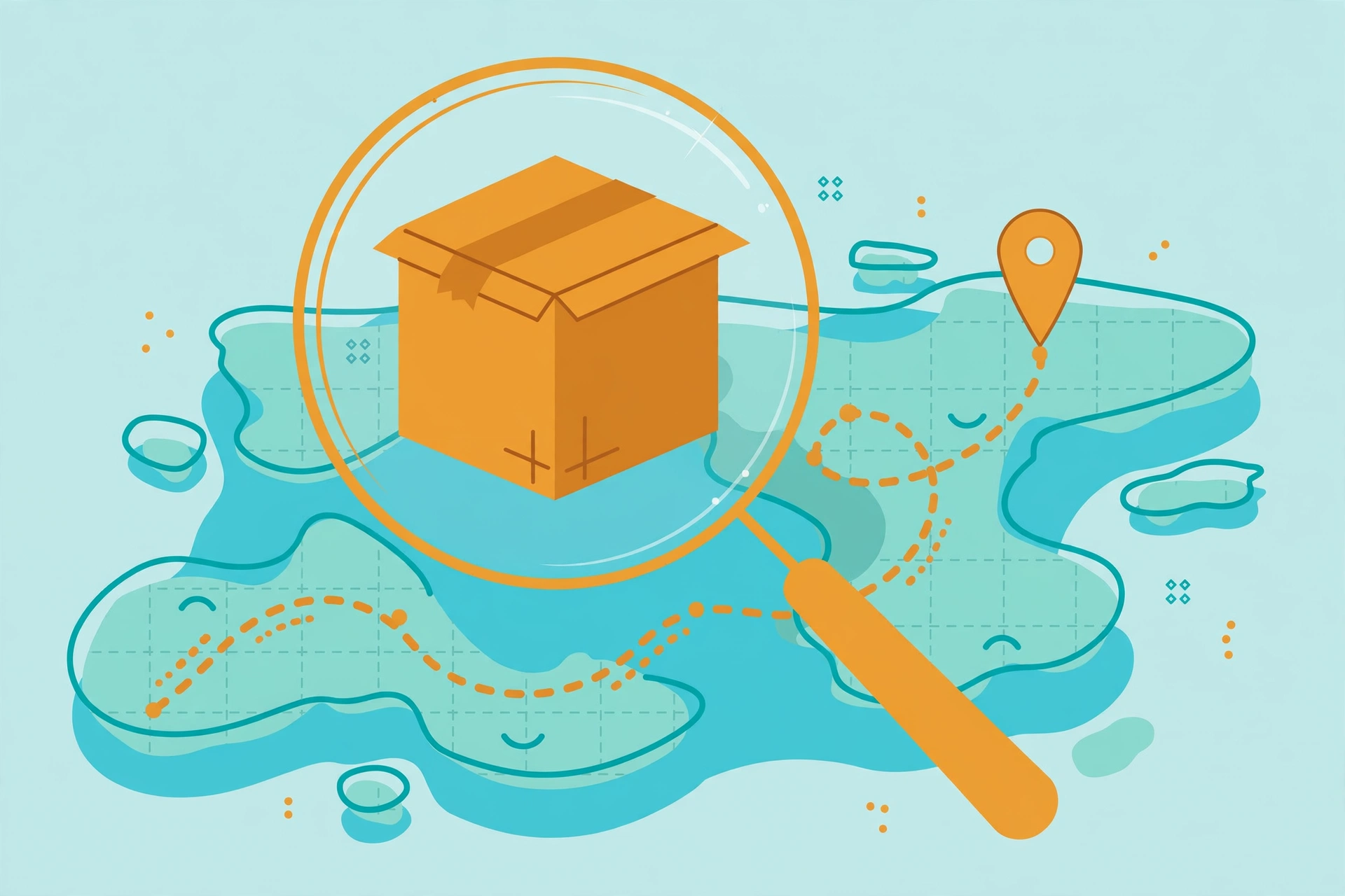 Parcel under a magnifying glass on a tracking route map illustrating Shree Balaji Courier tracking