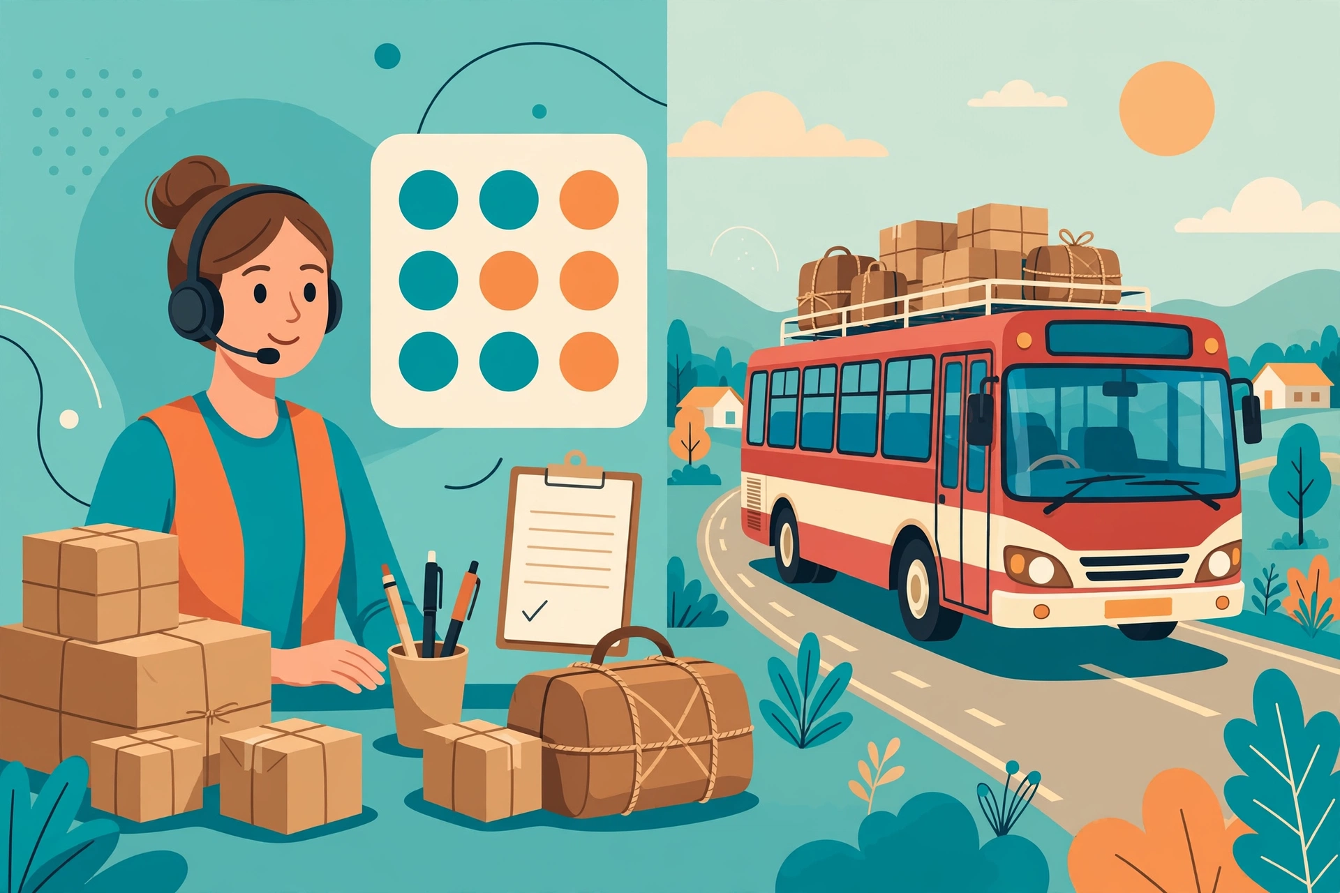 Illustration for the APSRTC helpline number article showing a bus with parcels, a headset support agent and a telephone keypad