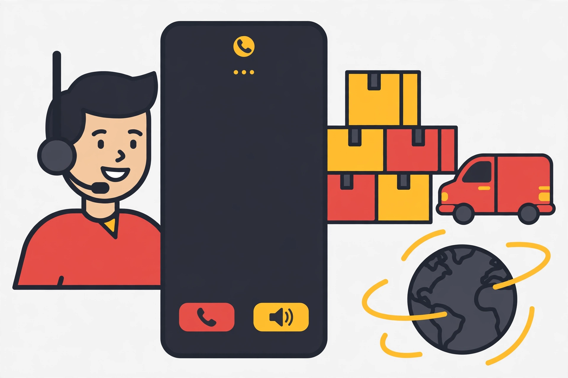 Illustration of the DHL customer care number helpline with a headset agent, a smartphone and courier parcels