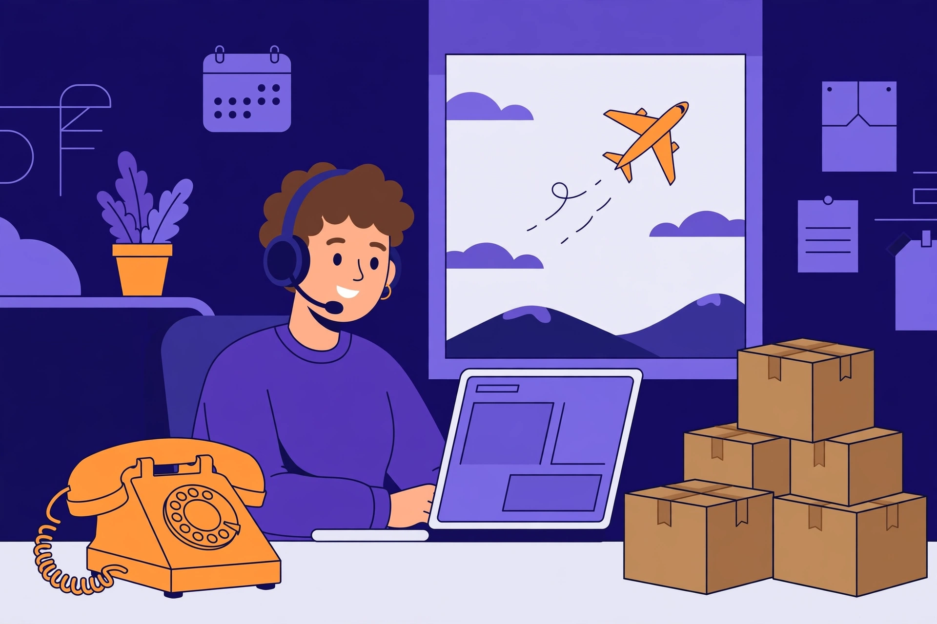 Illustration of the FedEx customer care number helpline with a headset agent, a telephone, and stacked courier parcels