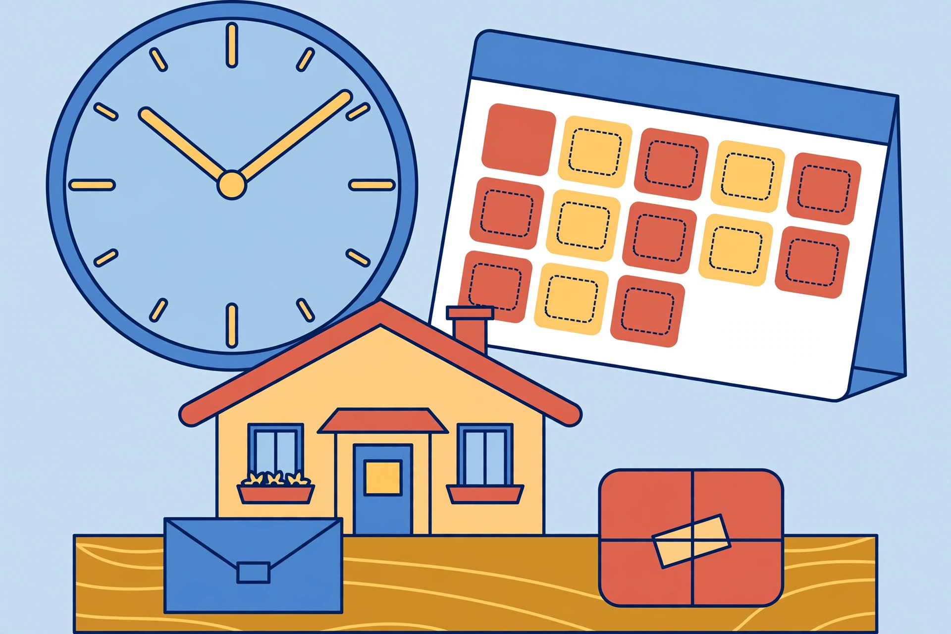 Illustration of India post office timings with a clock, a weekly calendar and a small post office counter scene